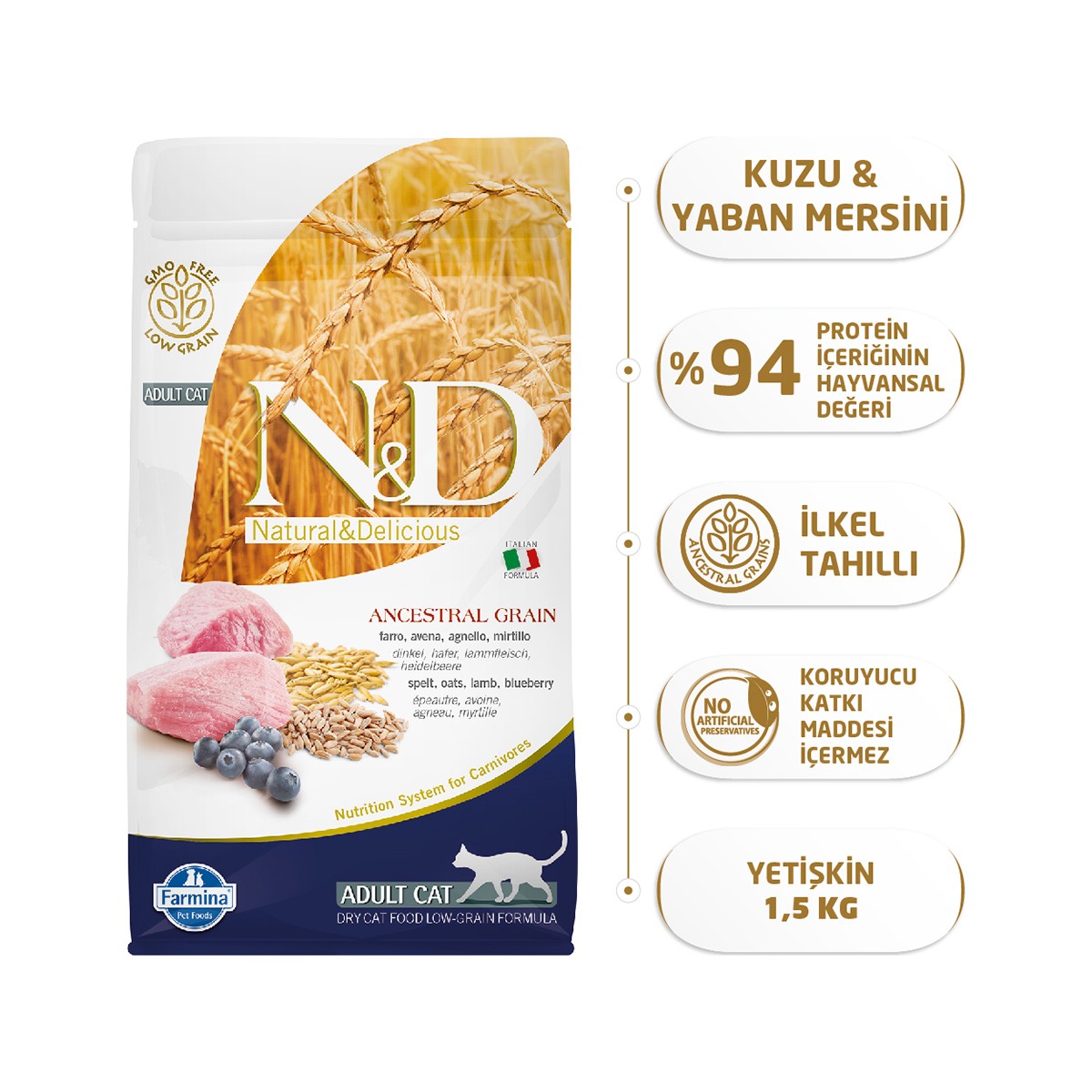 10341176737842.jpg N&D Düşük Tahıllı 1;5 kg Kuzu Etli Yaban Mersinli Yetişkin Kedi Maması - Görsel 1