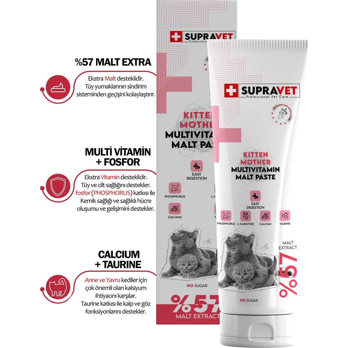 110000305268952.jpg Supravet Hamile ve Yavru Kediler Için Kalsiyum ve Taurinli Multi Vitamin Kedi Macunu 100 Gr. (%57 Extra Malt) - Görsel 1