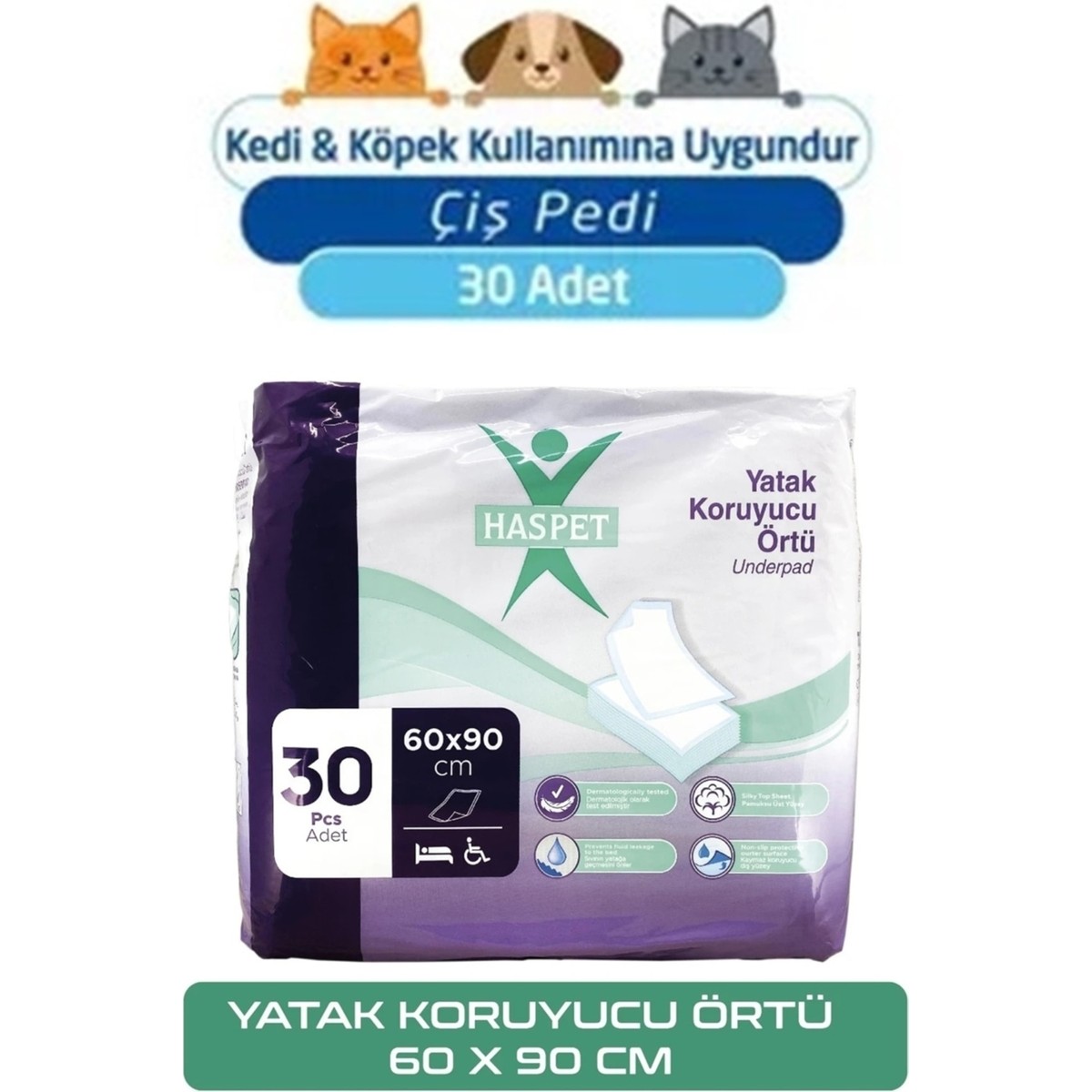 110000453469125.jpg Haspet Yatak Koruyucu Örtü- Kedi Köpek Çiş Pedi 60X90 cm 30'lu - Görsel 1