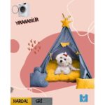 Mavi Vitrin Küçük Irk Köpek ve Kedi Çadırı Yıkanabilir Soft Yırtılmaz Kumaş Doğal Ahşap