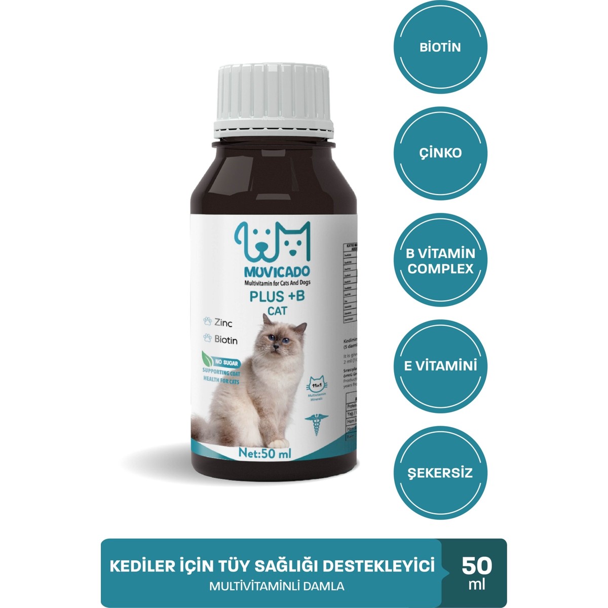 110000952247825.jpg Muvicado Kedi Tüy Sağlığı Damlası Plus +B Kediler Için Tüy ve Tırnak Sağlığını Destekleyen Multivitamin 50ML Tüy Dökülmesini Engelleme - Görsel 1