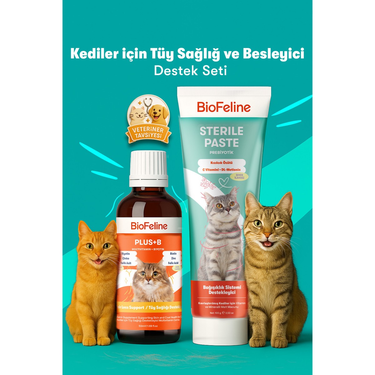 110000995951355.jpg Biofeline Kısırlaştırılmış Kediler İçin Tüy Sağlığı ve Besleyici Destek Seti: 100g Malt Macun + Biotinli Damla - Görsel 1