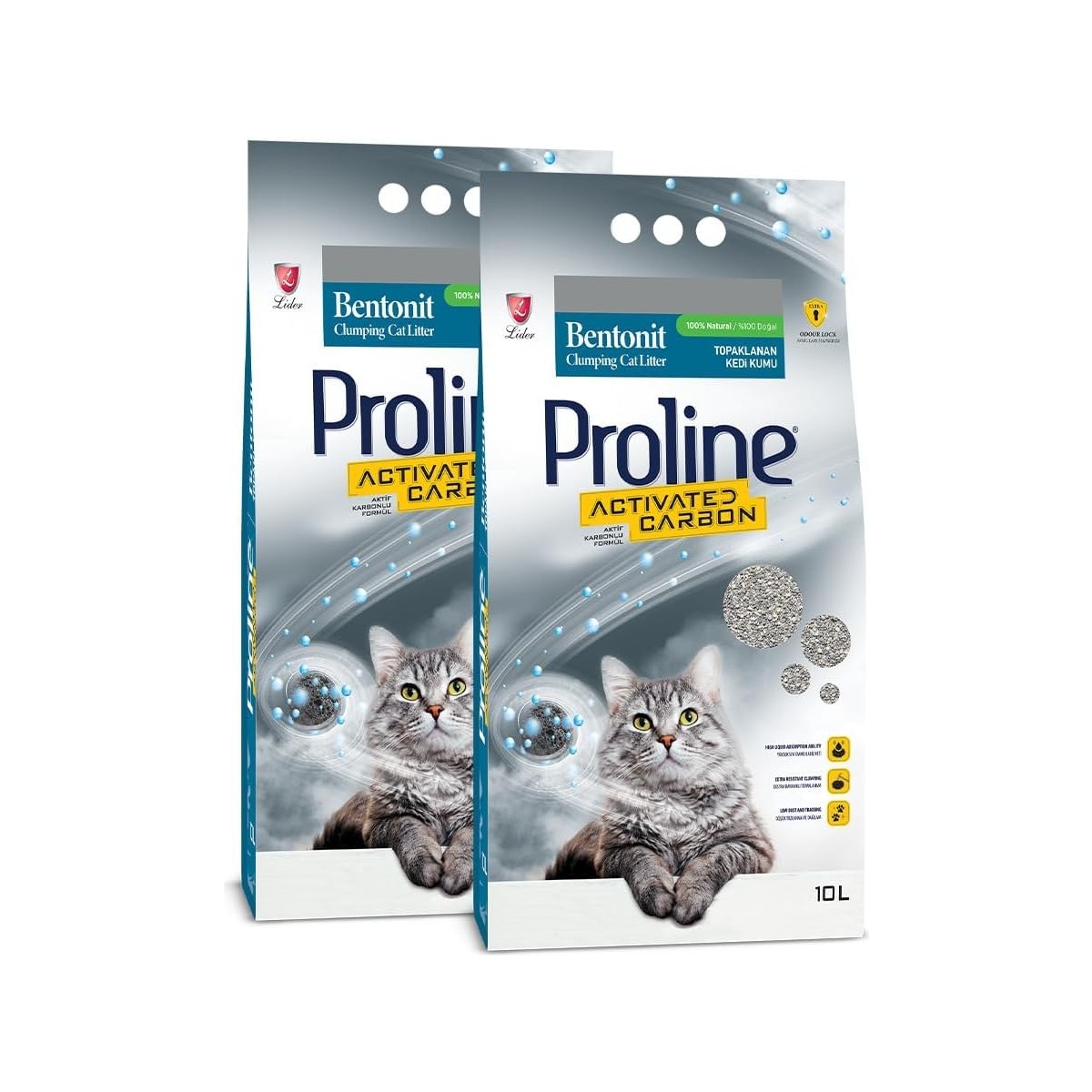 110001003274981.jpg Proline Bentonit Kedi Kumu 10 Lt x 2 Adet Orta Taneli Doğal Koku ve Topaklanma Özelliği - Görsel 1