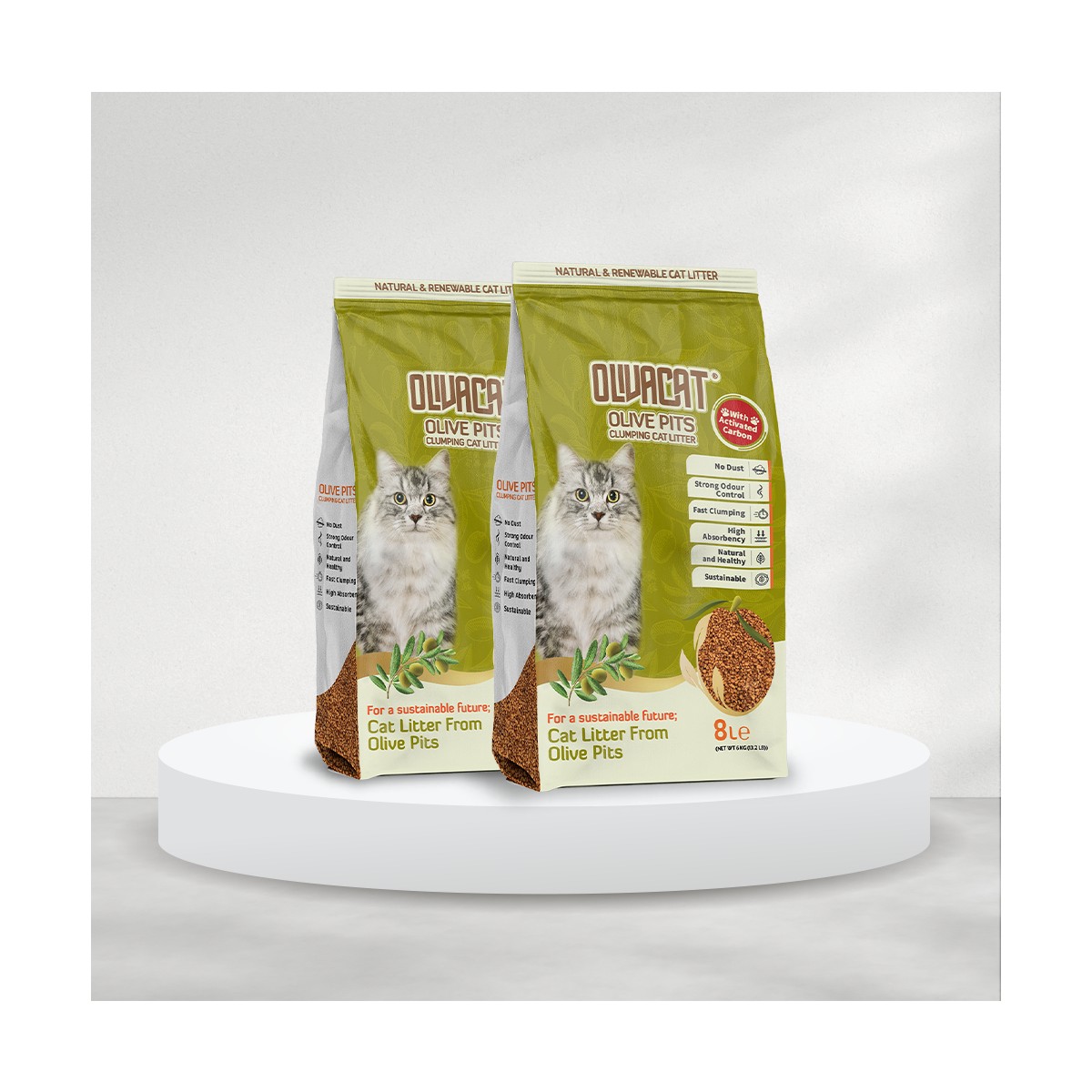 110001009821374.jpg Olivacat Zeytin Çekirdeğinden Üretilen Aktif Karbonlu Doğal Tozsuz Kedi Kumu 2 Adet (16 LT) - Görsel 1