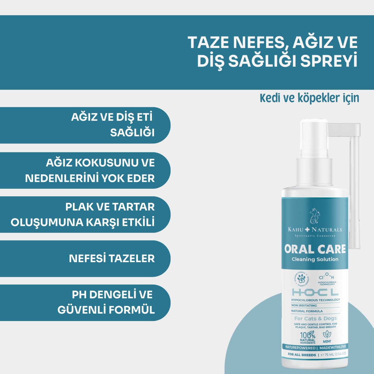 110001013929184.jpg Kahu Naturals Ağız Diş Bakım Taze Nefes Koku Tartar Plak Günlük Bakım Kedi ve Köpek 75 ml - Görsel 1
