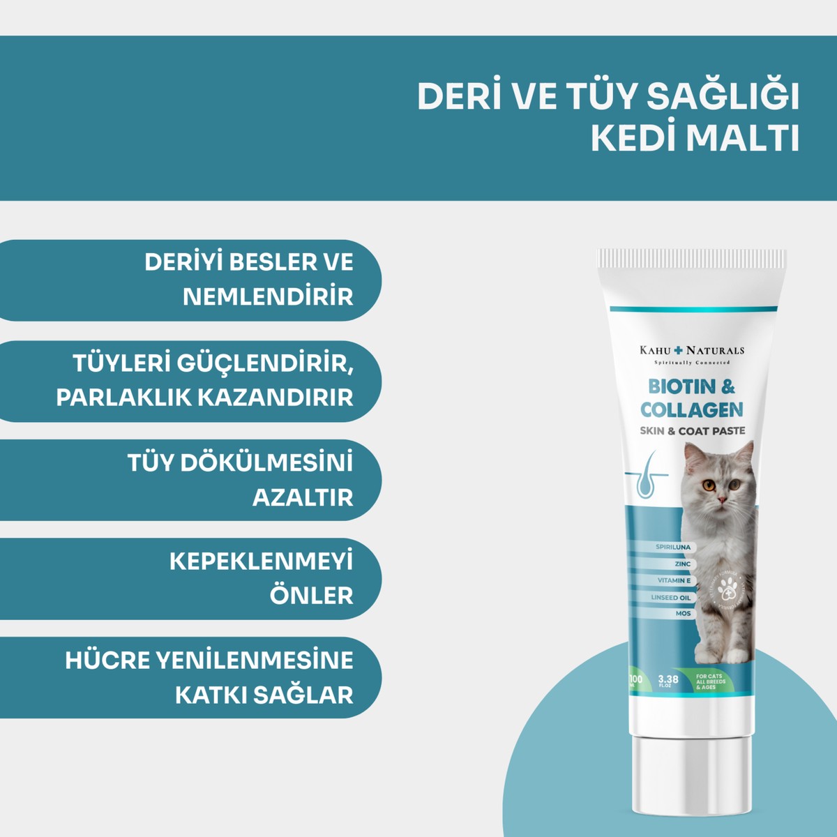 110001016911109.jpg Kahu Naturals Biyotin & Kolajen Deri ve Tüy Sağlığı Kedi Maltı, Spirulina Içerikli, Tüy Dökülme Karşıtı 100 ml - Görsel 1