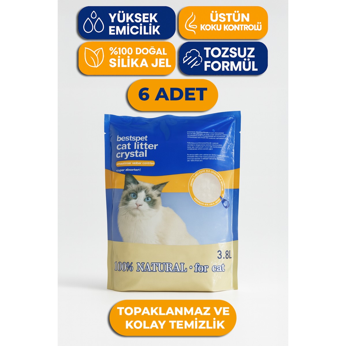 110001088783781.jpg Bestspet Silika Kristal Kedi Kumu 3.8 Lt x 6 Adet Tozsuz Kokusuz Naturel Parfümsüz Topaklaşmayan Kalın Taneli - Görsel 1