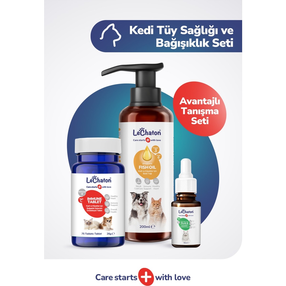 110001185370887.jpg LeChaton Pet Care Kedi İçin Bağışıklık Güçlendirici ve Tüy Döküm Dökülmesi Önleyici Set (Balık yağı - Damla - Tablet) - Görsel 1
