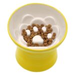 Eğimli Seramik Yüksek Yavaş Yemleme Mama Kabı, Manuel, Sarı Renk