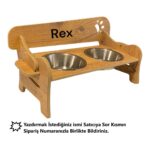 Ahşap Kademeli Eğimli Mama ve Su Kabı Standı, Kahverengi, Çelik Kaseli - Görsel 2