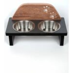 Desenli Paslanmaz Çelik Kedi Su ve Mama Kabı, Ahşap Detaylı, Şık ve Dayanıklı. - Görsel 2