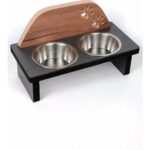 Desenli Paslanmaz Çelik Kedi Su ve Mama Kabı, Ahşap Detaylı, Şık ve Dayanıklı. - Görsel 3