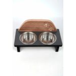 Desenli Paslanmaz Çelik Kedi Su ve Mama Kabı, Ahşap Detaylı, Şık ve Dayanıklı. - Görsel 4