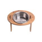 Gri Ahşap Eğimli Tekli Oval Mama ve Su Kabı Standı, 400 ml Çelik Kase