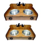 Kahverengi Ahşap ve Çelik Kedi Köpek Mama ve Su Kabı, Şık ve Dayanıklı Tasarım